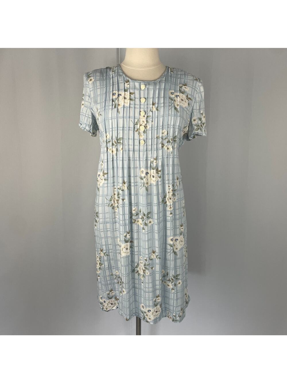 Vtg Midi Dress Size 18 Pastel Blue White Plaid Floral Cottage Garden Coquette